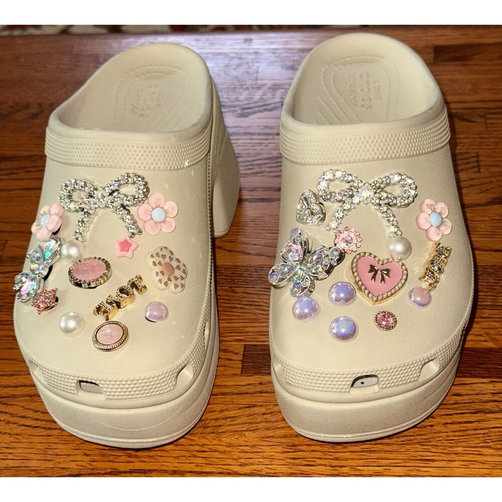 Bling Crocs embellished jibbitz Platform Clog In Pink/Ivory W8